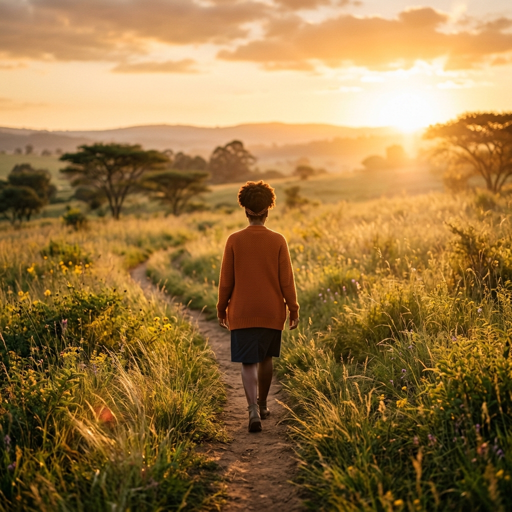 Woman walking toward sunlight on a peaceful path